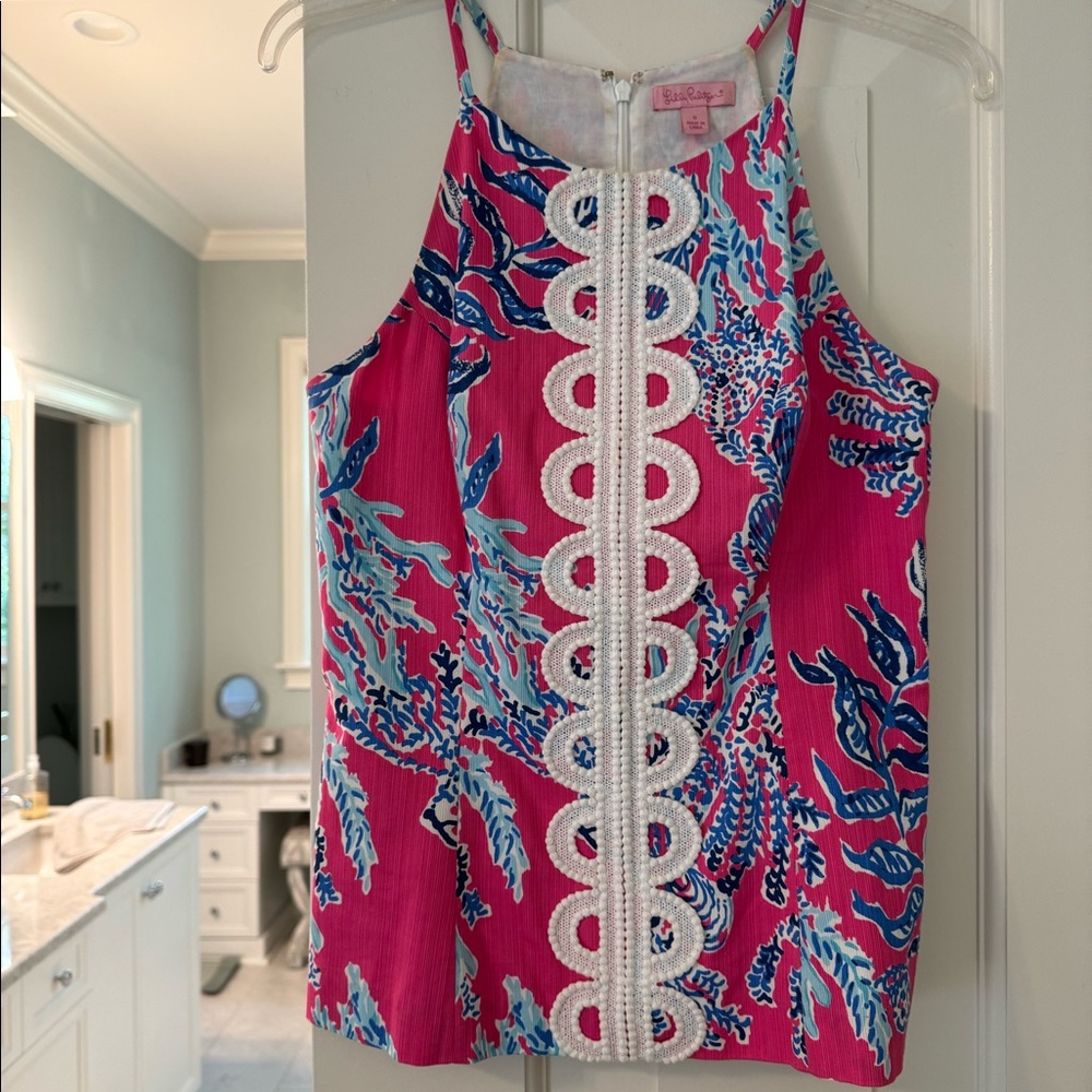 Lilly Pulitzer Annabelle Halter Top; Pink, Blue & White.  Size 6.